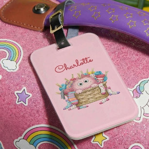 Söt rosa fluffig strumpmonster barn design bagagebricka