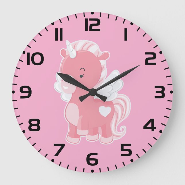Söt Rosa Flygande Enhörning Pegacorn Stor Klocka (Framsida)