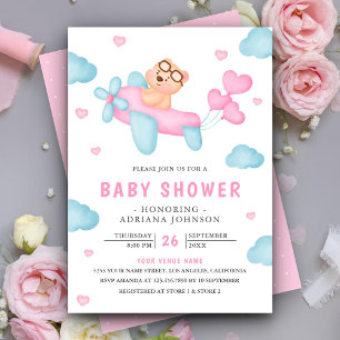 Söt Rosa Flygplansflicka Teddybjörn Baby Shower Inbjudningar