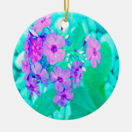 Söt Rosa Garden Phlox Flower på Aquamarine Julgransprydnad Keramik