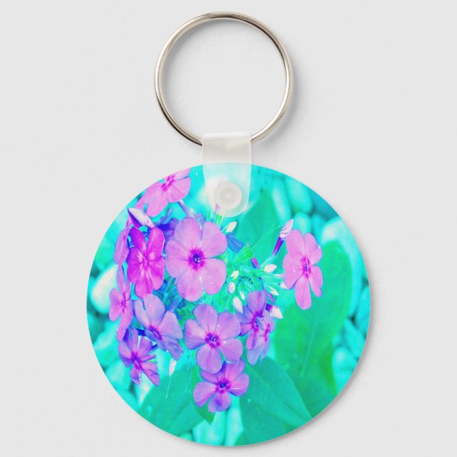 Söt Rosa Garden Phlox Flower på Aquamarine Nyckelring (Framsida)