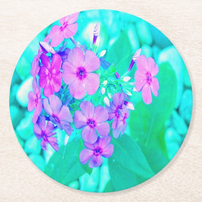 Söt Rosa Garden Phlox Flower på Aquamarine Underlägg Papper Rund (Framsidan)