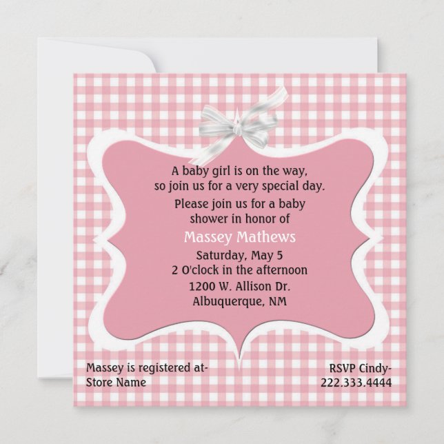 Söt Rosa Gingham Anpassningsbar Baby Shower-inbjud Inbjudningar (Framsida)