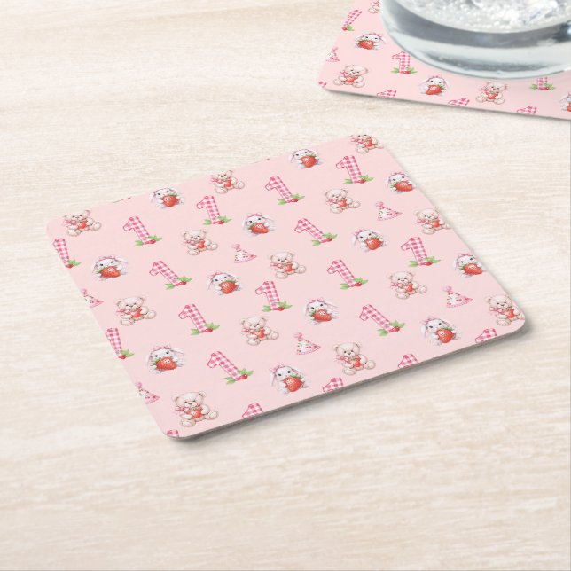 Söt Rosa Gingham, Bunnies och Bears! Underlägg Papper Kvadrat (Vinklad)