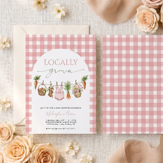 Söt rosa gingham lokalt odlad trädgård baby shower inbjudningar