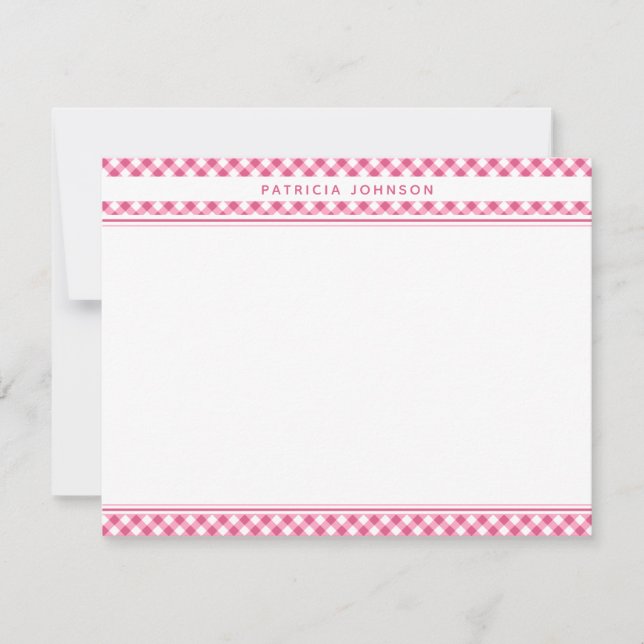 Söt rosa gingham-rutig personlig anteckningskort (Framsida)