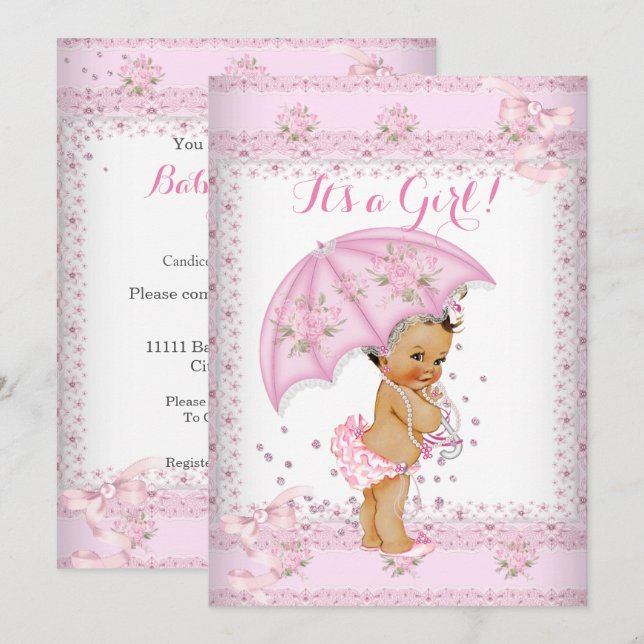 Söt Rosa Girl Baby Shower Blommigt Umbrella BR Inbjudningar (Fram/baksida)