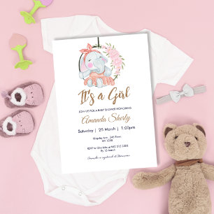 Söt Rosa Girl Girl Elephant Baby Shower-inbjudan Inbjudningar