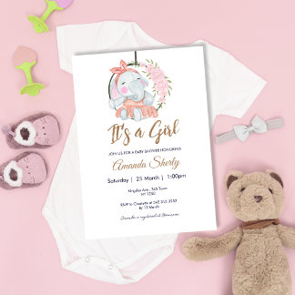 Söt Rosa Girl Girl Elephant Baby Shower-inbjudan Inbjudningar