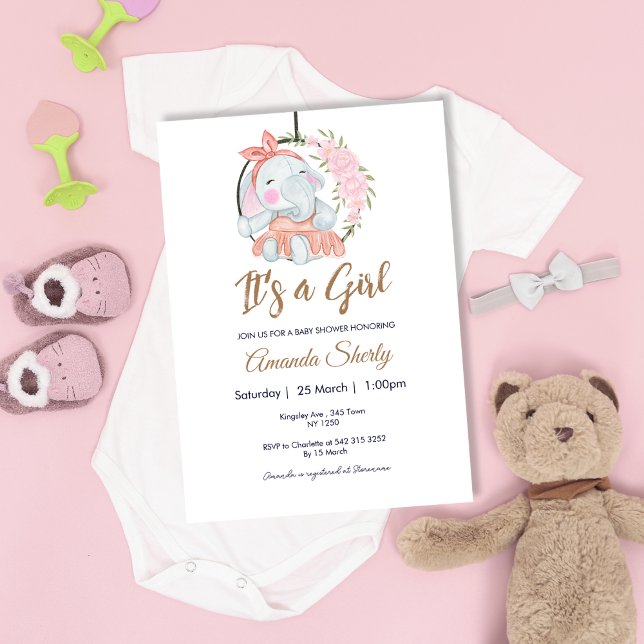 Söt Rosa Girl Girl Elephant Baby Shower-inbjudan Inbjudningar (Sweet Pink Girl Elephant Baby Shower Invite)