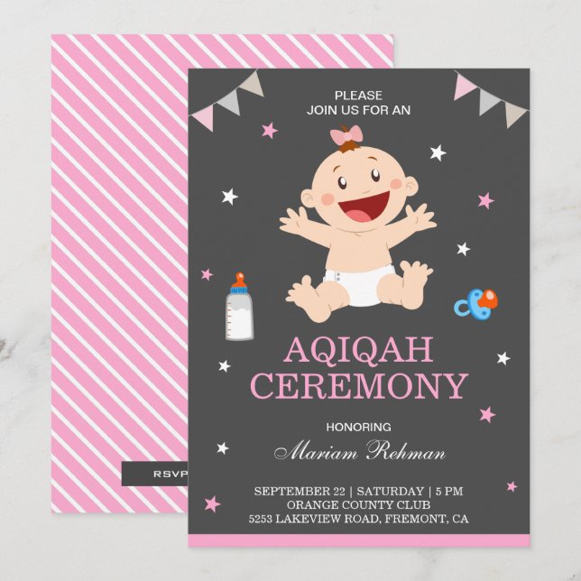 Söt Rosa Glad Bebis Flickas Aqiqah Inbjudningar (Fram/baksida)