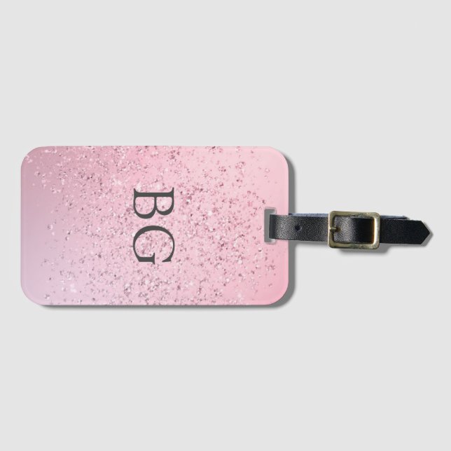 Söt Rosa Glitter Effekt Monogram Initialer Bagagebricka (Framsida horisontal)