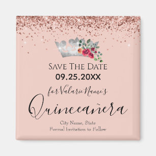 Söt Rosa Glitter Quinceanera Spara datum Magnet