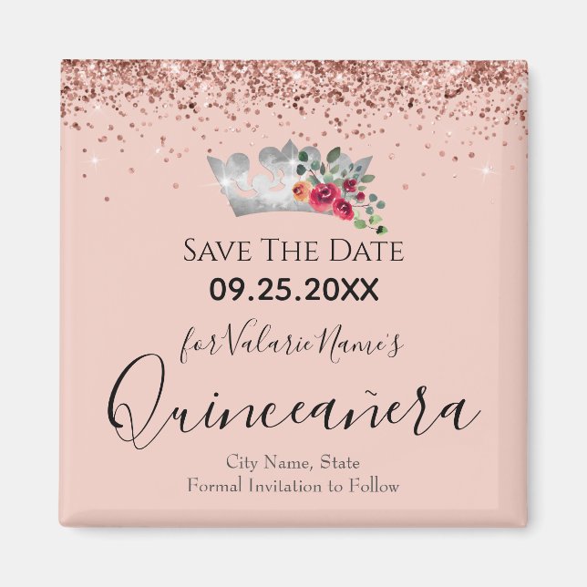 Söt Rosa Glitter Quinceanera Spara datum Magnet (Framsidan)