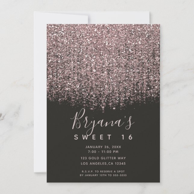 Söt Rosa Glitter Svart Sweet 16-festklänning Inbjudningar (Framsida)