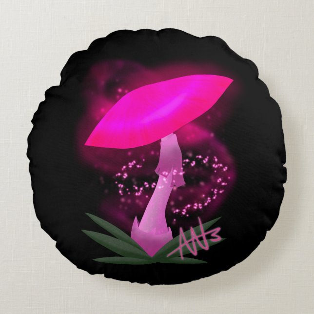 Söt Rosa Glowing Mushroom Rund Kudde (Framsidan)