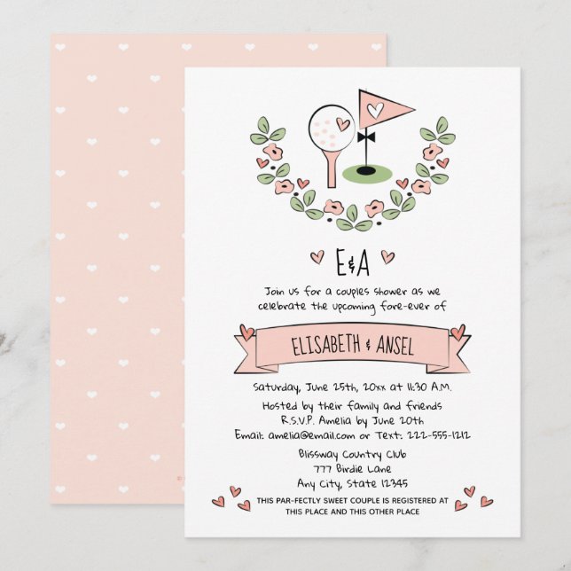 Söt Rosa Golf Bröllop Par Shower-inbjudan Inbjudningar (Fram/baksida)