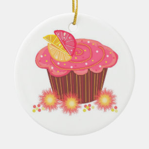 Söt rosa grapefrukt-cupcake julgransprydnad keramik