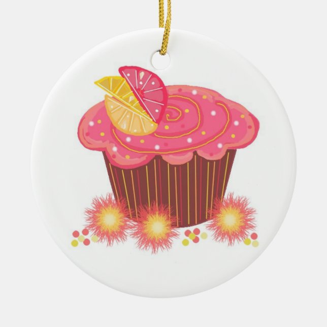 Söt rosa grapefrukt-cupcake julgransprydnad keramik (Framsidan)