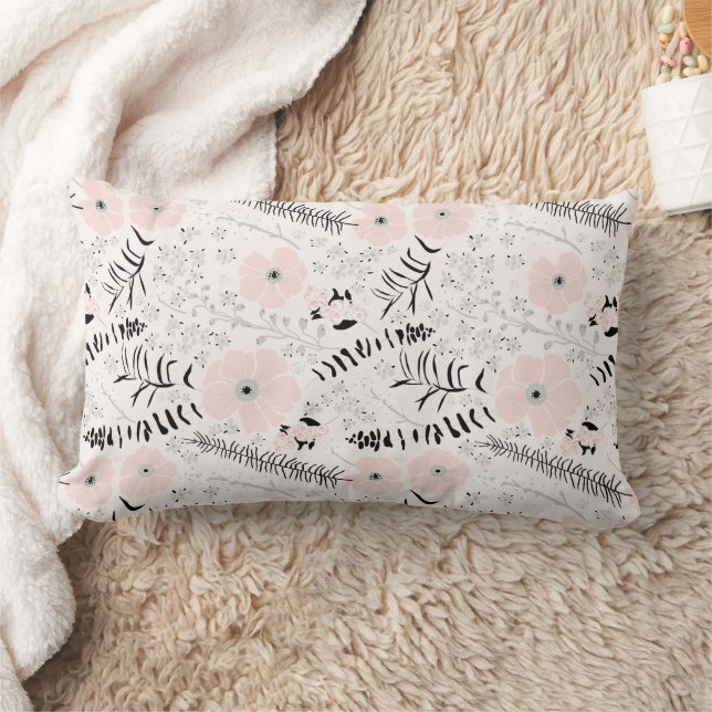 Söt Rosa Grått Blommönster Lumbarkudde (Filt)