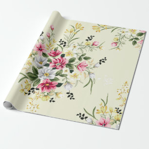Söt rosa grått och gula blommor med gröntens lämna presentpapper