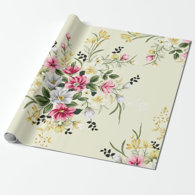 Söt rosa grått och gula blommor med gröntens lämna presentpapper (Utrullad)