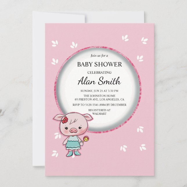 Söt Rosa Gris Bebis Bjudningskort För Baby Shower Inbjudningar (Framsida)