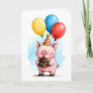 Söt Rosa Gris med Cupcake Barnens Lycka Till Födel Kort