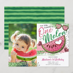 Söt Rosa Grön En I En Melon Födelsedagsfoto Inbjudningar