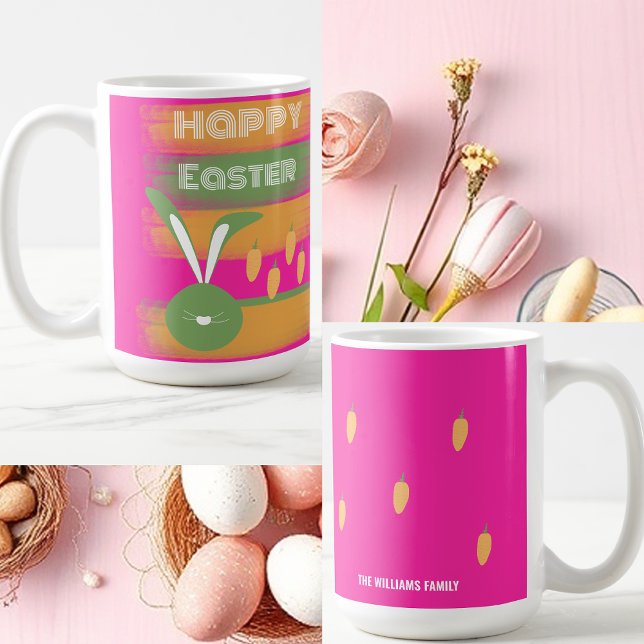 Söt Rosa Grön Glad Påskhare Och Morötter Kaffemugg (Skapare uppladdad)