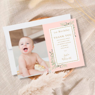 Söt rosa grönska 1-års födelsedagsfoto tack kort