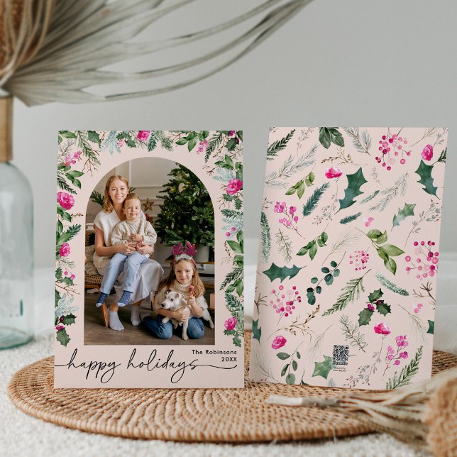 Söt rosa grönska Botanisk Båge 1 Foto Julkort (Skapare uppladdad)