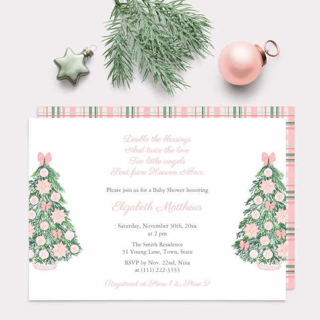 Söt Rosa Grönt Jul Twin Girls Baby Shower Inbjudningar (Maximalist pink chinoiserie, poinsettia and bows invitation for twin baby girls shower party)