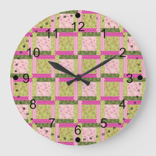 Söt Rosa Grönt Patchwork Squares Quilt Mönster Stor Klocka