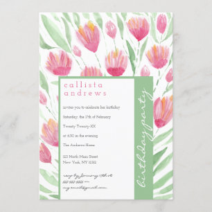 Söt Rosa Grönt Tulip Blommigt Vattenfärg Birthday Inbjudningar