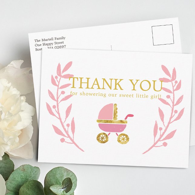 Söt Rosa Guld Barnvagn Baby Shower Tack Vykort (Sweet Pink Gold Carriage Baby Shower Thank You Postcard)