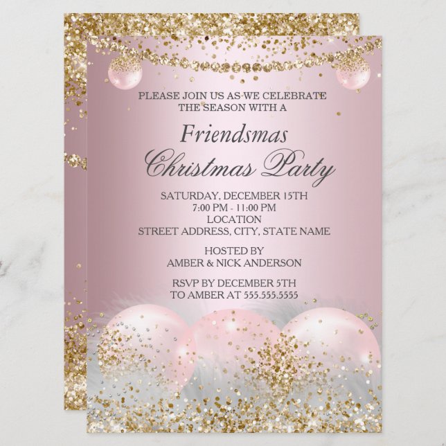 Söt Rosa Guld Bauble Friendsmas jul Party Inbjudningar (Fram/baksida)