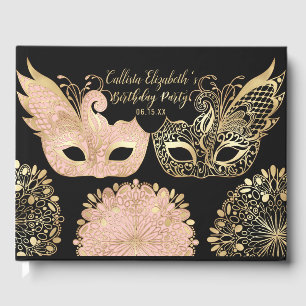 Söt Rosa Guld Black Masqueramask Birthday Gästböcker