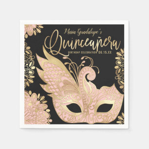 Söt Rosa Guld Black Masqueramask Quinceañera Pappersservett