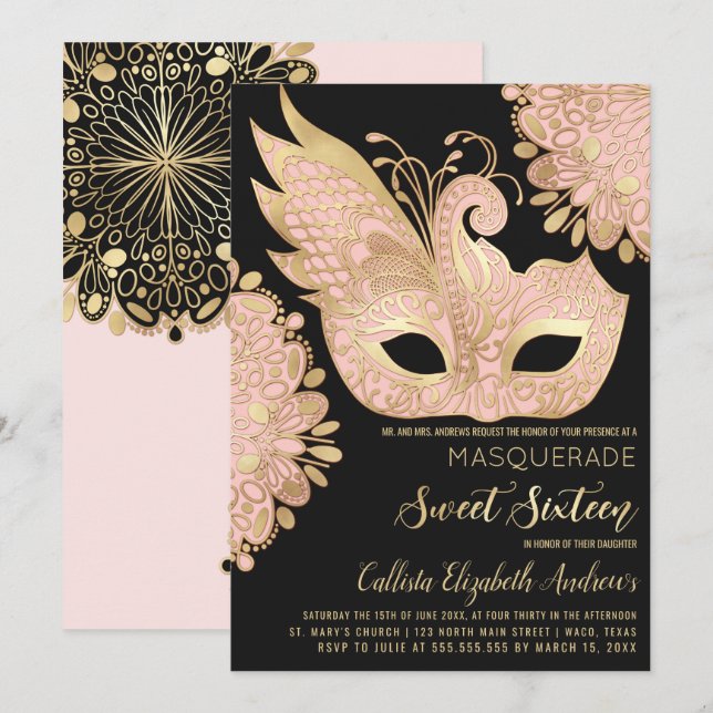 Söt Rosa Guld Black Masqueramasken Sweet 16 Inbjudningar (Fram/baksida)