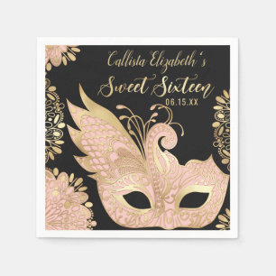 Söt Rosa Guld Black Masqueramasken Sweet 16 Pappersservett