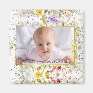 Söt Rosa Guld Blommig Akvarell Babyflicka Foto Magnet