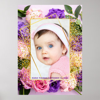 Söt Rosa Guld Blommig Akvarell Babyflicka Foto Poster