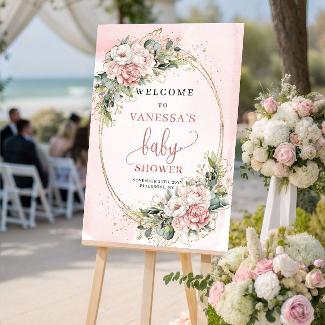 Söt Rosa Guld Blommig Bebis Shower Välkomstskylt Poster (Cute Rose Gold Floral Baby Shower Welcome Sign)