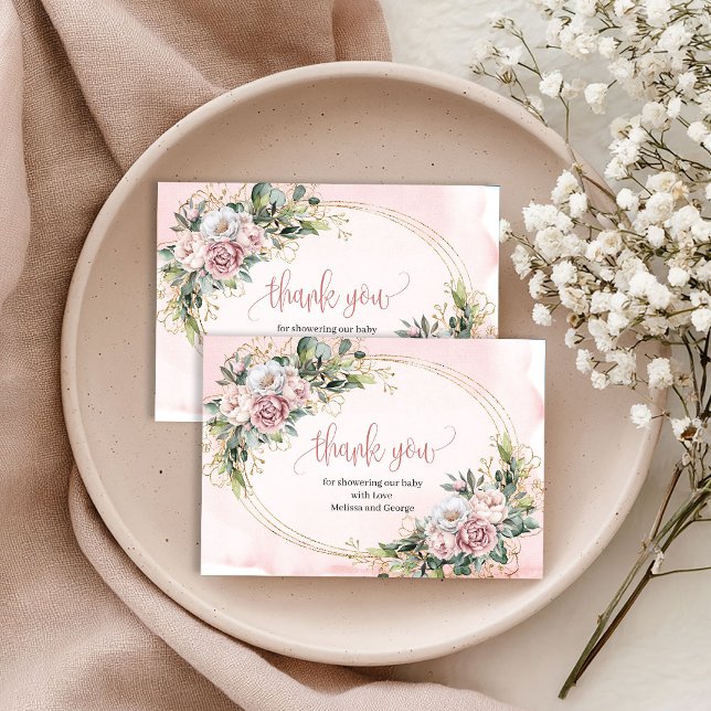 Söt Rosa Guld Blommig Grönska Tacksamhetskort Tack Kort (Cute Rose Gold Floral Greenery Thank You Card)