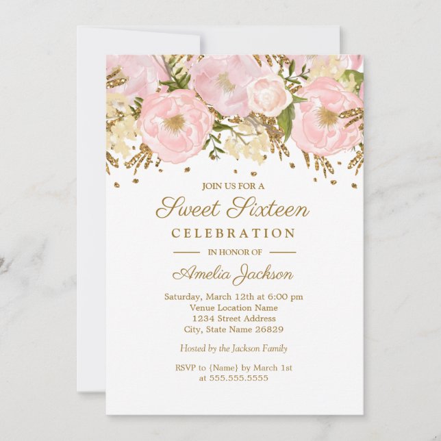 Söt  Rosa Guld Blommigt Sweet sixteen Inbjudningar (Framsida)