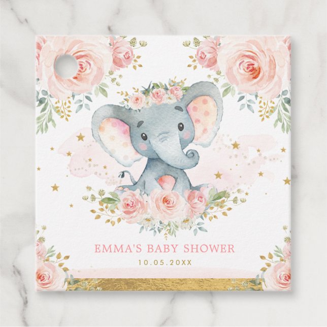 Söt Rosa Guld Elephant Baby Shower Gåvor Etiketter (Framsida)