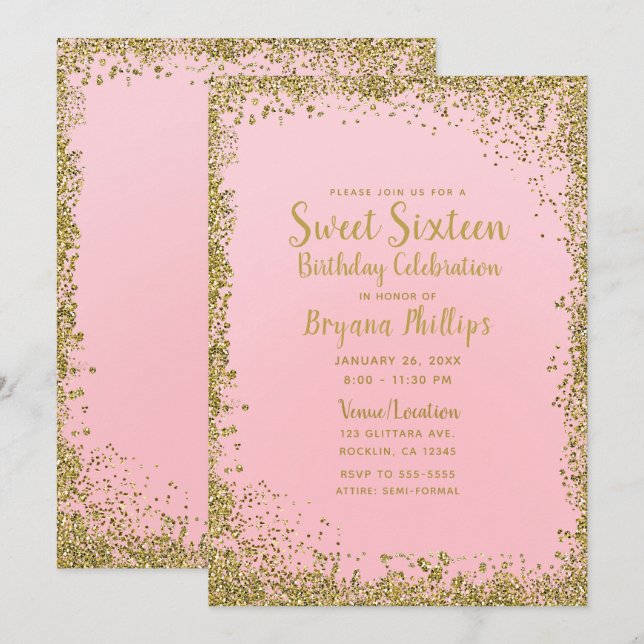 Söt Rosa & Guld Glitter Kant Sverige 16 Party Inbjudningar (Fram/baksida)