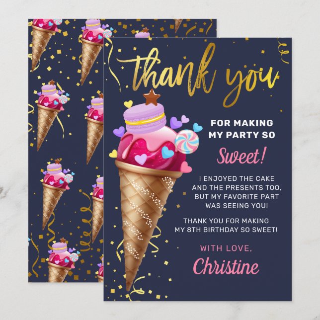 Söt Rosa Guld Ice Cream Birthday Navy Blue Tack Kort (Fram/baksida)