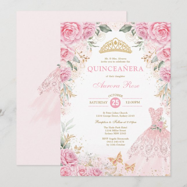 Söt Rosa Guld Ro Princess Dress Quinceañera Inbjudningar (Fram/baksida)